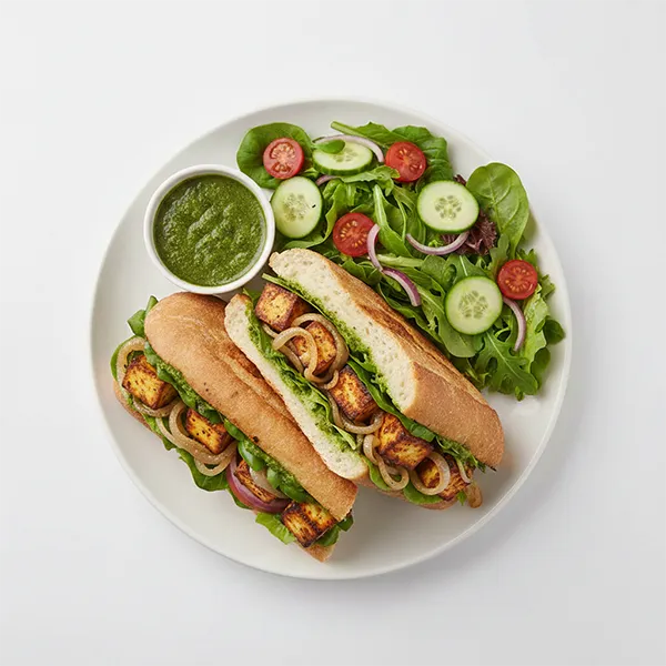 Paneer Tikka Ciabatta Sandwich with Mint Chutney and House Salad